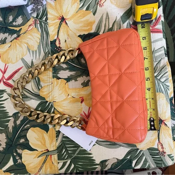 Mango Orange Quilted Baguette Purse with Gold Chain - Picture 12 of 16